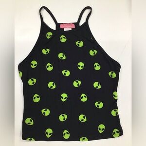 Black Tank Top with Green Alien Print